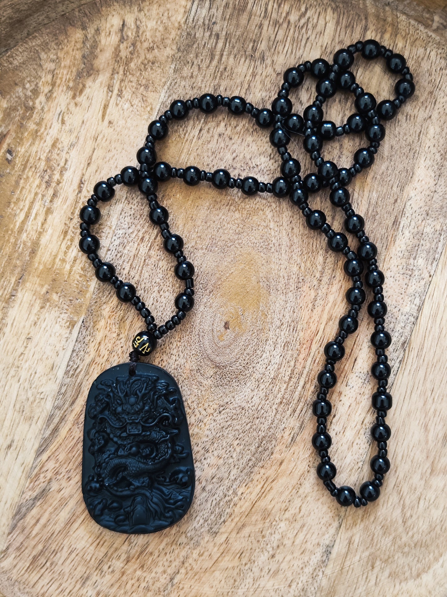 Collier mixte Dragon en obsidienne noire